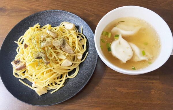 姜葱醤のパスタ＆餃子スープ